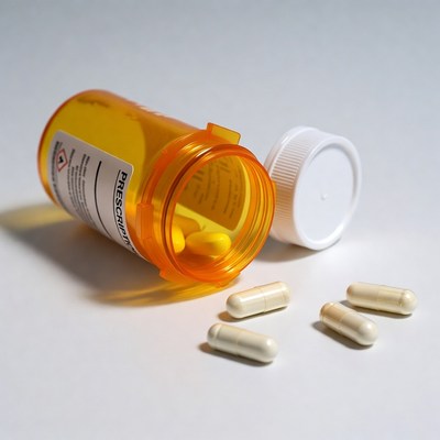 Open prescription bottle with spilled pills