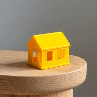 Yellow toy house on wooden table