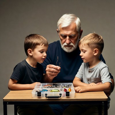 Grandfather showing fishing lures to grandsons
