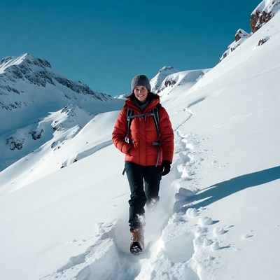 Woman hiking snowy mountain trail