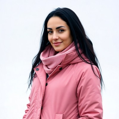 Smiling woman in pink hooded jacket
