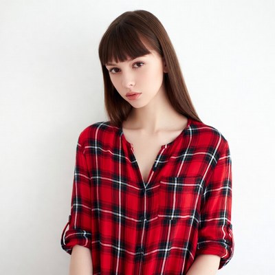 Woman in red plaid shirt