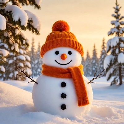 Snowman with orange hat and scarf