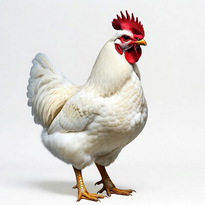 White hen standing on white background