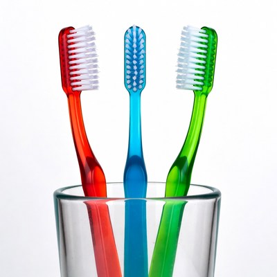 Three colorful toothbrushes in glass