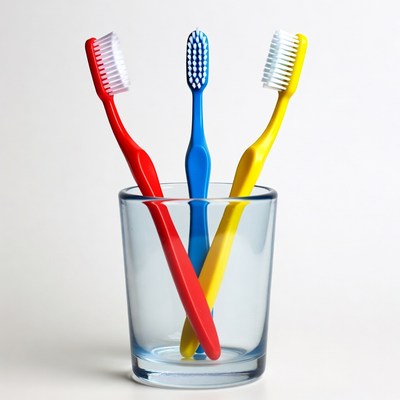 Three colorful toothbrushes in glass