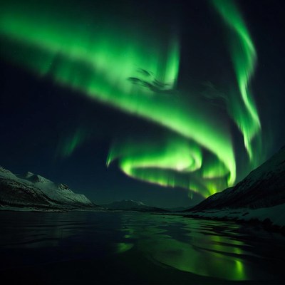 Green Aurora Borealis over snowy mountains
