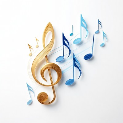 Gold Treble Clef with Blue Music Notes