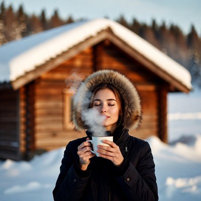 Woman sipping tea outside snowy cabin