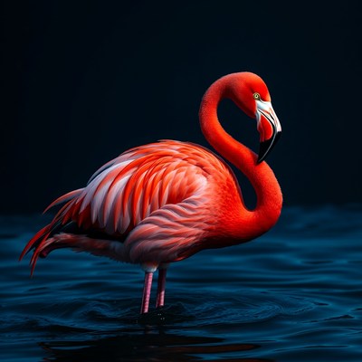 Pink Flamingo Standing in Dark Water
