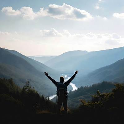 Man arms outstretched mountain valley