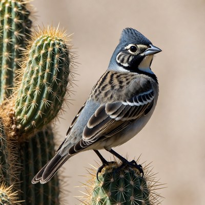 Lark Sparrow on cactus