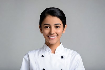 Smiling young woman in white chef uniform