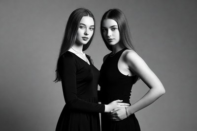 Two women embracing in black dresses