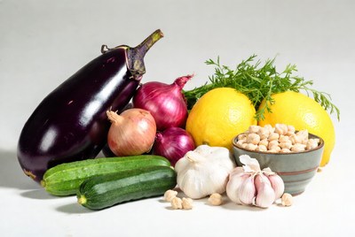 Fresh Eggplants Onions Cucumbers Lemons Garlic