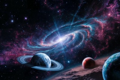 Vibrant Spiral Galaxy with Planets