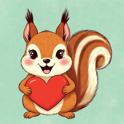 Cute squirrel holding red heart