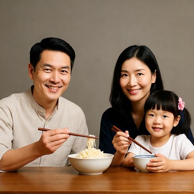 Asian family eating noodles with chopsticks