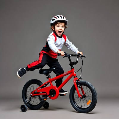 Boy riding red training wheel bike