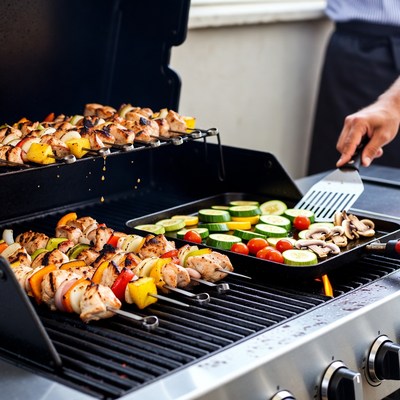 Man grilling chicken skewers on barbecue