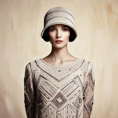 Woman in Beaded Flapper Hat and Dress