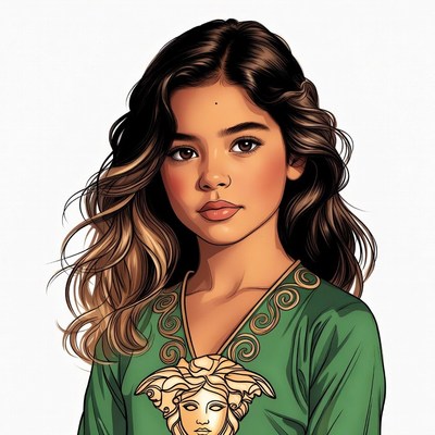 Young woman in green Versace top