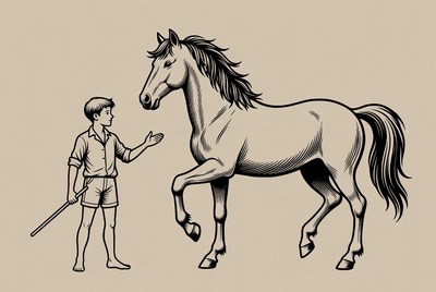 Boy gesturing to horse illustration