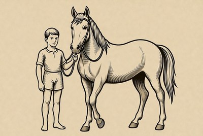 Boy holding horse leash
