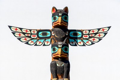 Colorful Totem Pole with Eagle and Bear