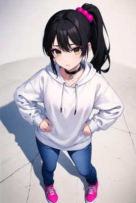 Anime girl in hoodie with ponytail