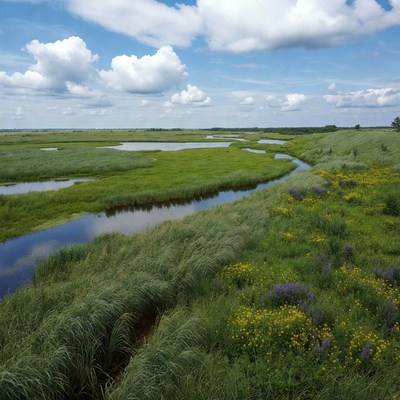 Winding River in Green Wetlands