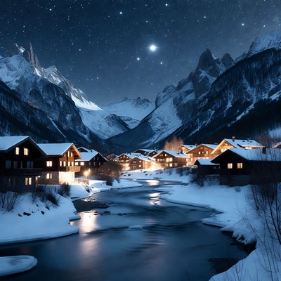 Snowy Alpine Village Under Starry Night Sky