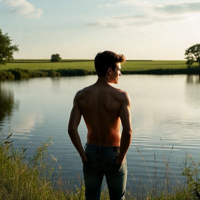 Shirtless man standing by lake