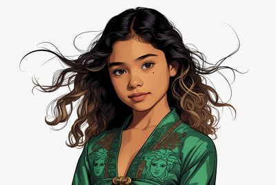 Asian girl in green Versace dress