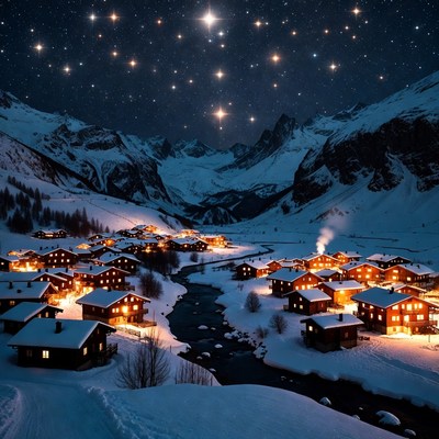 Snowy Mountain Village Under Starry Sky