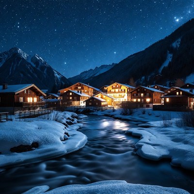 Snowy Alpine Village at Night