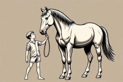 Boy holding horse lead