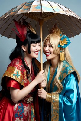 Two women in Asian costumes holding parasols
