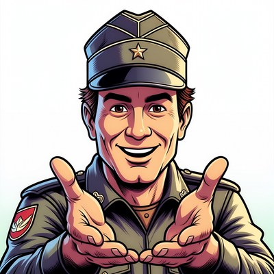 Cartoon Soldier Saluting with Open Hands
