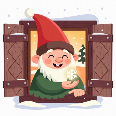 Gnome holding snowflake in window