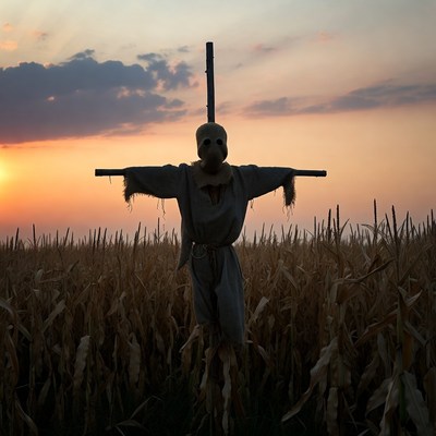 Scarecrow in Cornfield at Sunset