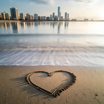 Heart drawn in sand by city skyline