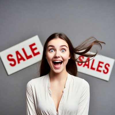 Excited woman with sale signs