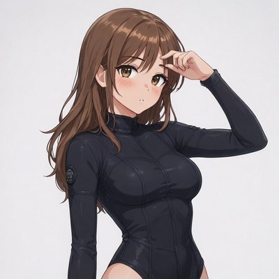 Anime girl touching forehead in black bodysuit