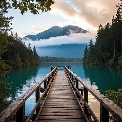 Wooden Pier Over Turquoise Lake with Mountains