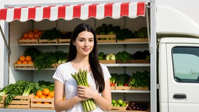 Woman holding asparagus at vegetable stand