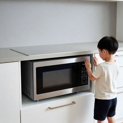 Asian boy touching microwave oven