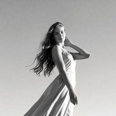 Woman in flowing dress with wind-blown hair