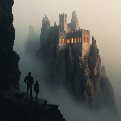 Father and son viewing misty castle