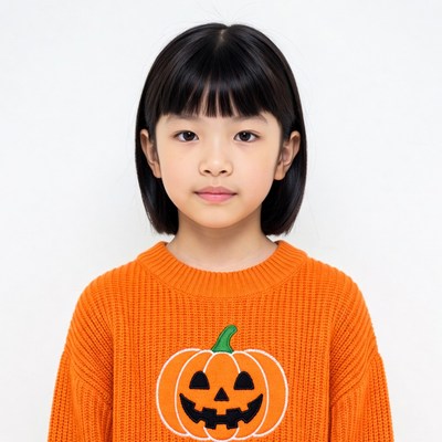 Asian girl in jack-o-lantern sweater